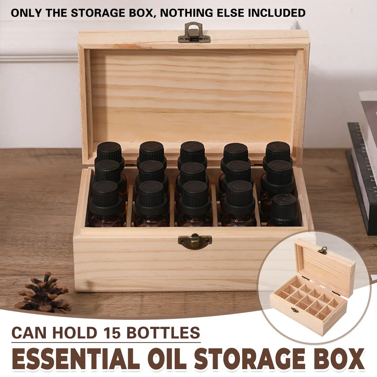 Large Capacity Solid Wood Essential Oil Storage Box 15 Grid Organizer Durable